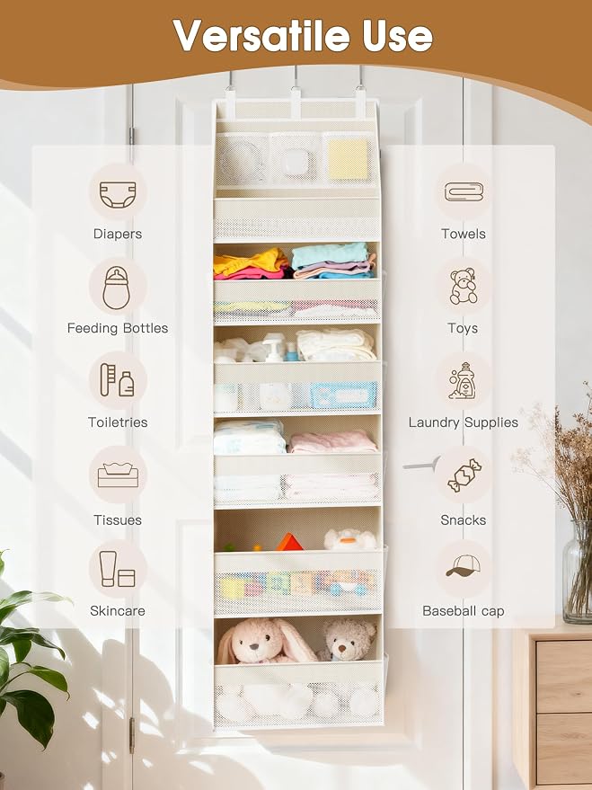 Over the Door Organizer, 6-Shelf Closet Hanging Storage with 13 Mesh Pockets, 55lbs Capacity Behind the Door Storage for Baby Nursery, Bathroom, Bedroom, and Dorm, Beige