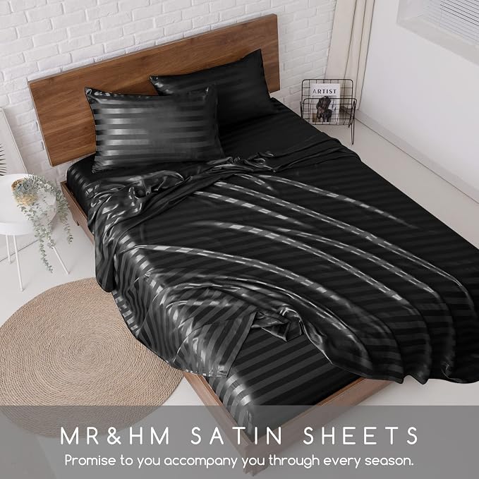 MR&HM Satin Sheets King Size with Elastic Corner Straps, Black Striped | Similar to Silk, 4-Piece Silky Soft Bed Sheet Set, Gentle on Skin and Hair, 15" Deep Pocket, Cooling & Breathable