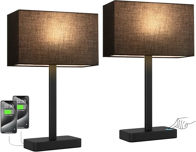 Touch Lamps for Nightstands Set of 2, Dimmable Black Bedside Table Lamp | Modern Table Lamp for Bedroom, Black Desk Lamp for Living room, with USB C+A, End Tables Bed Side, Bulb Included