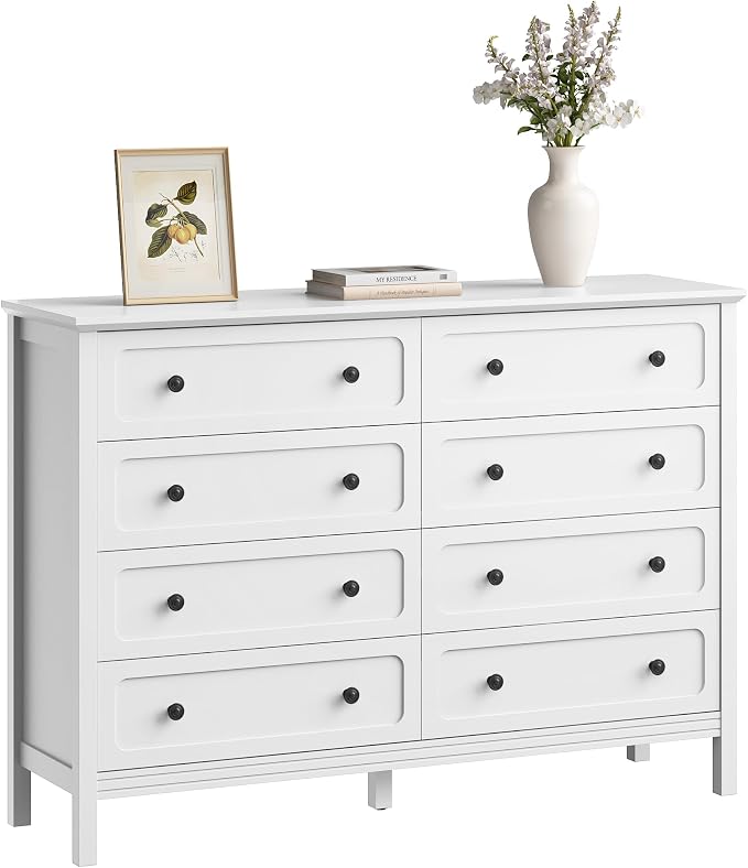 CARPETNAL 55" White Dresser for Bedroom with 8 Drawer & Deep Drawers | Large Storage Modern Chest of Drawers with Metal Handles for Living Room, Hallway