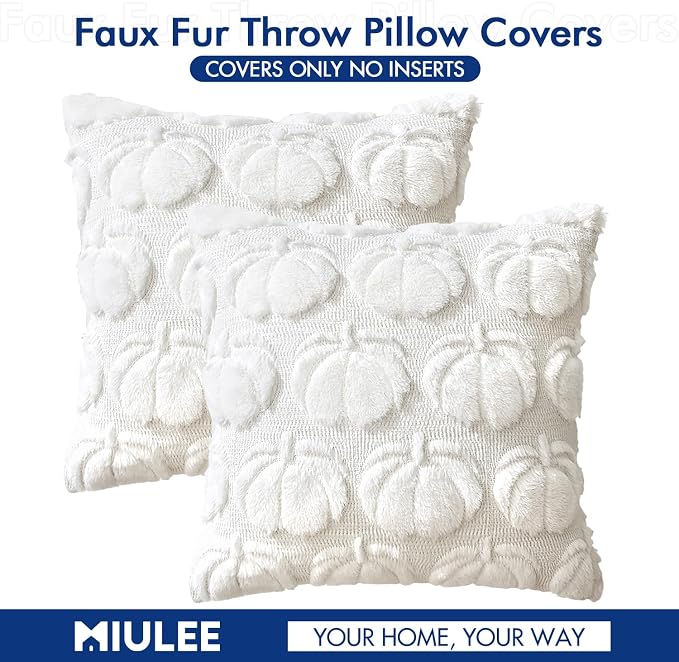 MIULEE Fall Pillow Covers Pumpkin Fall Decor 18x18 Pure White | Set of 2 Fall Decorations for Home, Plush Faux Fur Farmhouse Accent Pillowcases, Porch Sofa Couch Cushion Bed Livingroom