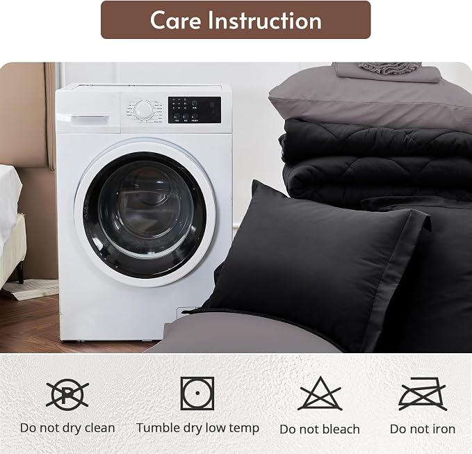 7 Pieces Oversized King Comforter Set, Reversible Bed in a Bag Oversized King Size, All Season Bedding Set with Comforter, Flat Sheet, Fitted Sheet, Pillowcases & Shams, Black & Soot