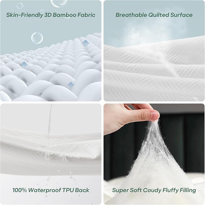 Cozymaker King Size 100% Waterproof Mattress Protector, White | Fitted 8"-21" Deep Pocket, 3D Air Viscose from Bamboo Fabric, Soft Breathable Cooling Mattress Pad Cover Noiseless Washable