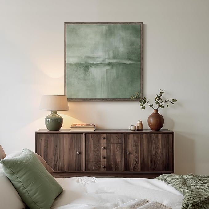 Framed Modern Green Abstract Wall Art Decor for Living Room, 30x30 In | Sage green, Canvas prints, Minimalist pictures, Contemporary art, Square paintings, Dining room, Bedroom, Office wall decor