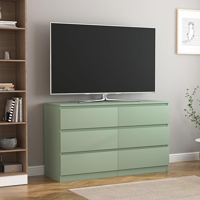 Vibe & Dine 6 Drawer Double Dresser, Modern Chest of Drawers with Wide Storage for Closet, Bedroom, Living Room (Light Green)