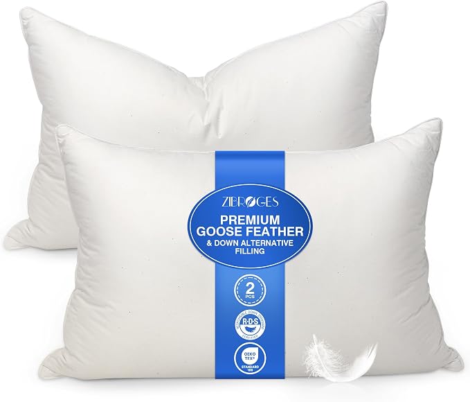 Feather Pillows Queen Size Set of 2 - Goose Down Hotel Bed Pillow for Sleeping, Soft Organic Cotton Shell Cover, Fluffy Support Surround Fill Polyester for Side, Back and Stomach Sleepers