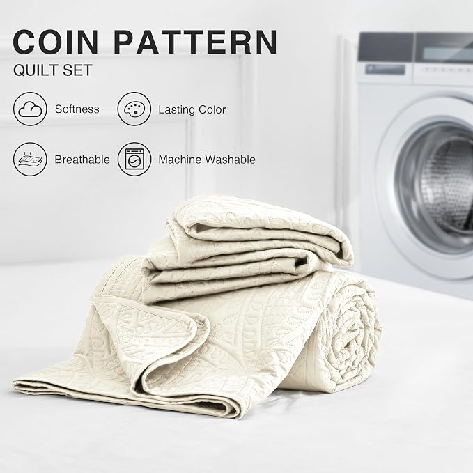 Love's cabin Quilts for Full Bed Beige Bedspread Comforters Bedding Set - Summer Lightweight Bedspread Comforter - Coin Pattern Bedding Coverlet for All Season - 3 Pieces (1 Quilt, 2 Pillow Shams)