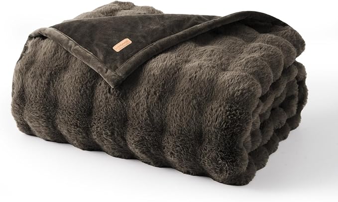 EverGrace Faux Rabbit Fur Bubble Throw Blanket, 90"x90", Dark Taupe | Ultra Soft, Luxury Faux Rabbit Fur Throw, Thick Warm Bubble Blanket, Cozy Fluffy Reversible, for Bed, Couch, Chair, Sofa