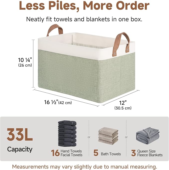 StorageWorks Fabric Storage Bins for Shelf, Green and White, Large, 2-Pack | With Reinforced Soft PU Handles, Sturdy Metal Frame, Collapsible, Storage Basket for Closet, Holds Clothes, Towels, Blankets