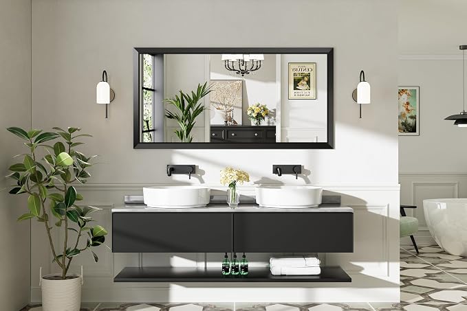 Black Metal Framed Bathroom Wall Mirror, 60x28 Inch | Anti-rust, HD tempered glass, for bathroom vanity, bedroom, living room, horizontal or vertical mount