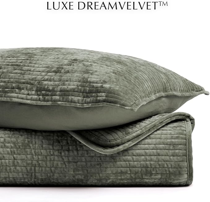 EverGrace Striped Channel Velvet Quilt Set, Queen Size, Dried Thyme Green | Luxurious Soft Lightweight Velvet Comforter, Oversized Bedspread Coverlet, Quilted Bedding Set for All Season, with 2 Shams