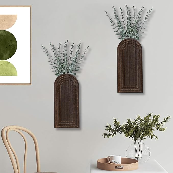 Dnnnii 2 Pack Wooden Wall Vase Set - Dark Brown Finish Modern Farmhouse & Boho Wall Decor for Entryway, Hallway, Bathroom, Living Room, Dining Room, Narrow Spaces