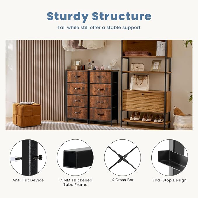 DUMOS Nightstand, Bedside Table with 4 Fabric Drawers | Night Stand with Removable Bins, Sturdy Steel Frame Wood Top, Organizer Furniture for Bedroom Closet, Living Room, Brown