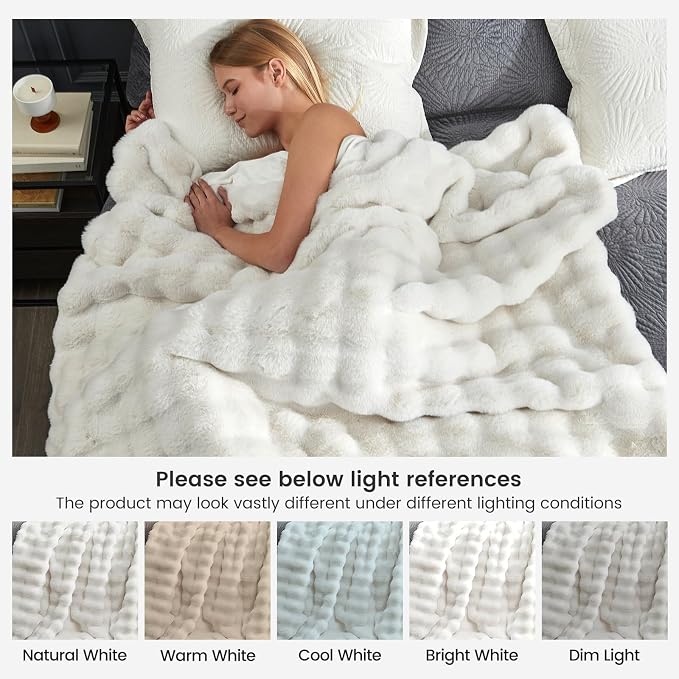 Cozy Bliss Faux Fur Throw Blanket for Bed King Size, Fuzzy Soft Plush Thick Bubble Blanket for Sofa Bedroom Living Room, 108 * 90 Inches Cream White