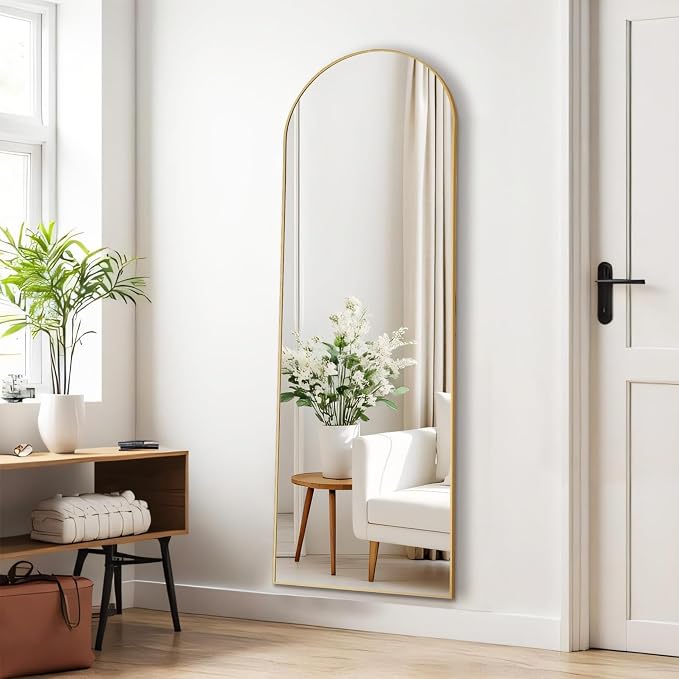 16"x59" Arched Mirror Full Length, Upgraded Body Wall Mirrors | Shatter-Proof Glass, Floor Standing, Hanging or Leaning, Tall Arch Mirror with Stand Aluminum Alloy Frame for Bedroom, Gold