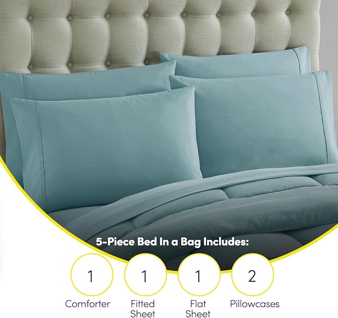 Sweet Home Collection 5 Piece Comforter Set Bag Solid Color All Season Soft Down Alternative Blanket & Luxurious Microfiber Bed Sheets, Misty Blue, Twin XL