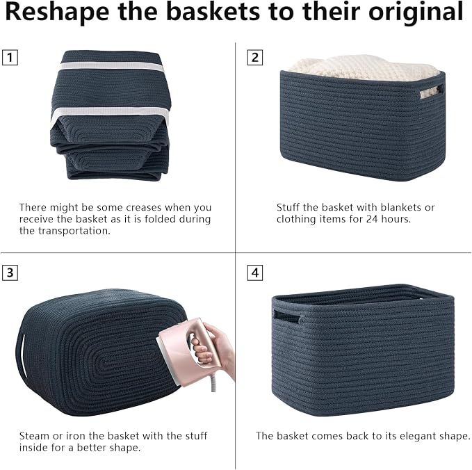OIAHOMY 4 Pack Storage Baskets for Organizing 15L Cube Storage Bins Blue | Woven Baskets for Storage Rectangle Small Baskets With Handles Baskets for Shelves Wicker Baskets for Shelves 12.7x9x7.8inch