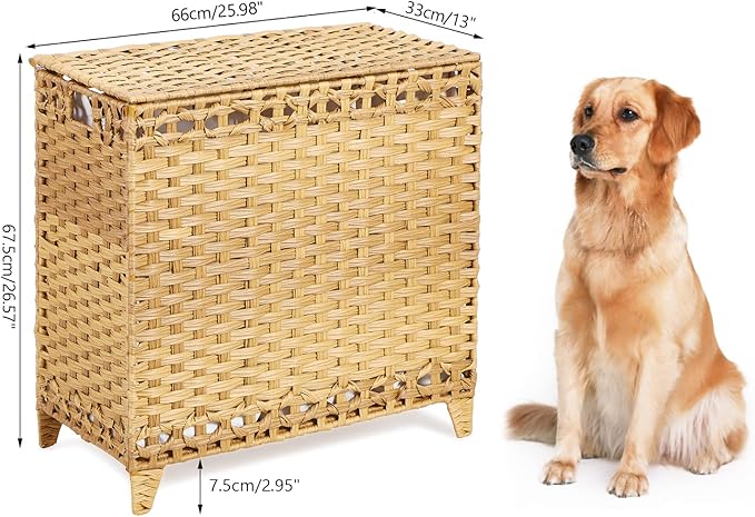 Laundry Hamper with 3 Removable Liner Bags, 132L Laundry Sorter with Lid | Raised Feet; Side Carry Handles; Handwoven PP Rattan; Rust-Resistant Iron Frame; Decorative Woven Design