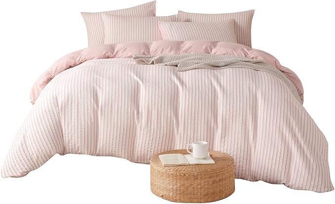 Comforter King Set Pink Striped Soft Luxury Washed Microfiber Jacquard 3 Pieces Bedding, White Pink Vertical Ticking Stripes Pattern Comforter with 2 Pillowcases Breathable Durable Comfy