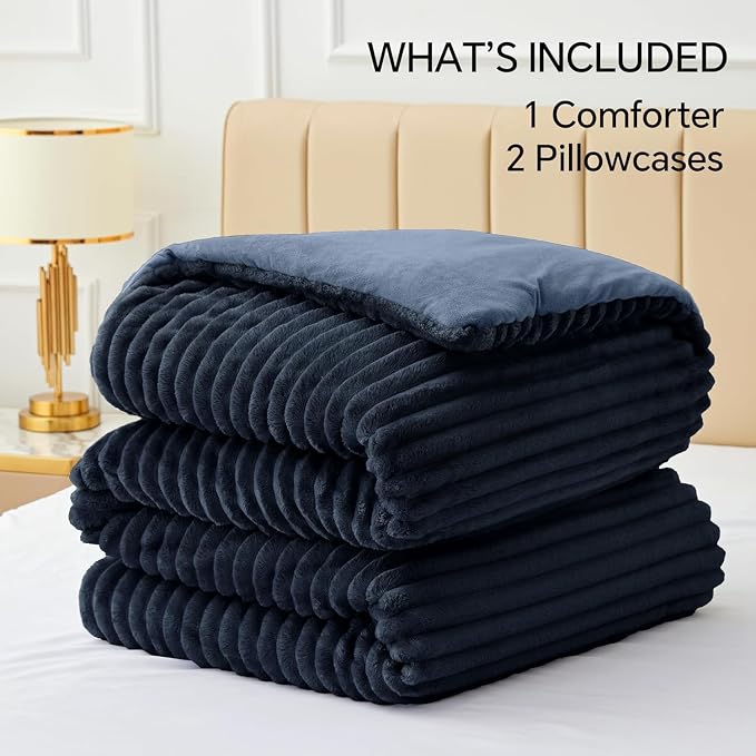BEDELITE Fleece Oversized Queen Comforter Set, Fluffy Bed Set, Navy Blue | Super Soft & Warm Bedding, Luxury Fuzzy Faux Fur Comforter for Winter, Heavy Plush Bedding, with 2 Pillowcases