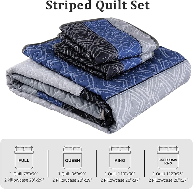Cottolester Quilts Queen Size,3 Pieces Boho Gray Blue Striped Bedspread Set | Farmhouse Patchwork Bedspreads Covrtlet Set for Men Women,Soft Microfiber Lightweight Quilt Bedding Set Set for All Season