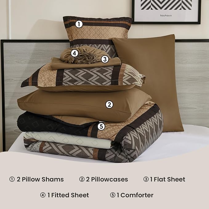 Cottolester Brown Comforter Set Full Size,Fall Striped Bed in a Bag | Boho Plaid Comforter Set,7 Piece Soft Microfiber Bedding Sets