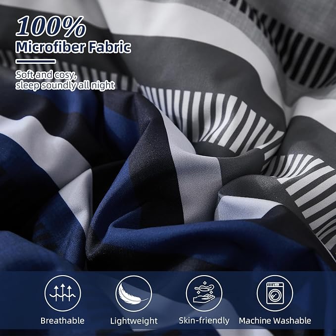 Dobuyly Navy Blue Comforter Set Twin Size Bed in a Bag 5 Piece, Classic Striped Bed Bedding Set with Sheets Soft Microfiber All Season for Teen Boys