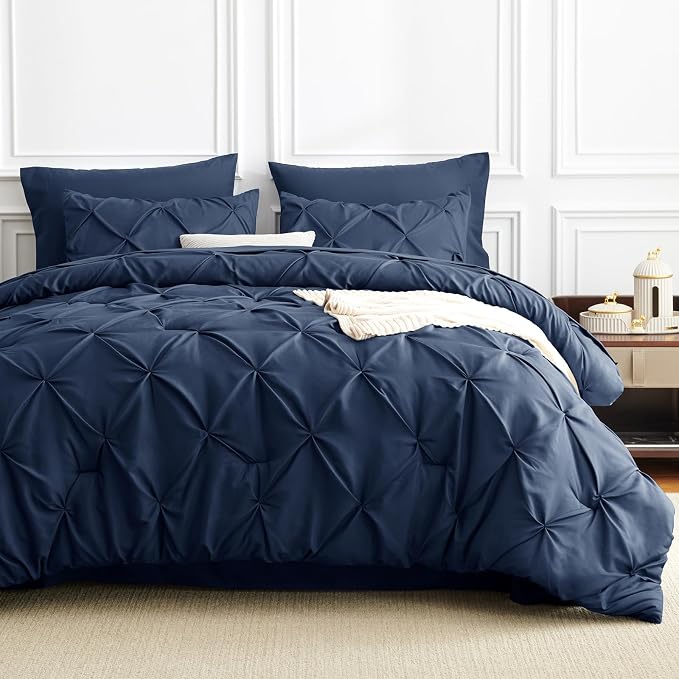 HIMEET Twin Comforter Set Navy Blue - 5 Pieces Pintuck Bed in a Bag | OEKO-TEX Certified, 240GSM Down Alternative Comforter, 14" Deep Pocket Fitted Sheet + Flat Sheet + 1 Pillowcase + 1 Sham