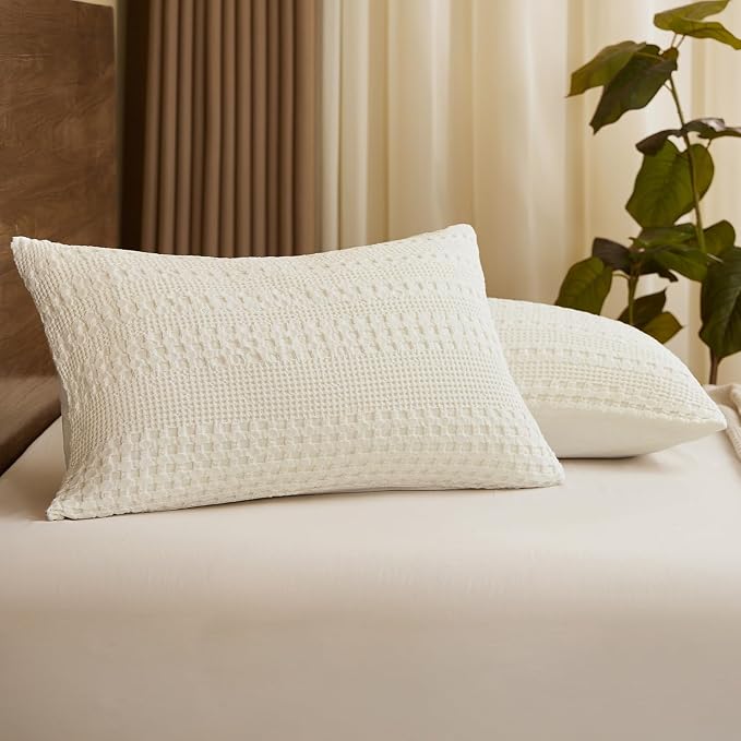 PHF 100% Cotton Waffle Pillow Shams Standard Size, 2 Pack 20" x 26" Soft Skin-Friendly Pillowcases, No Filling, Aesthetic Woven and Breathable Waffle Weave Pillow Case Covers for Bed, Ivory