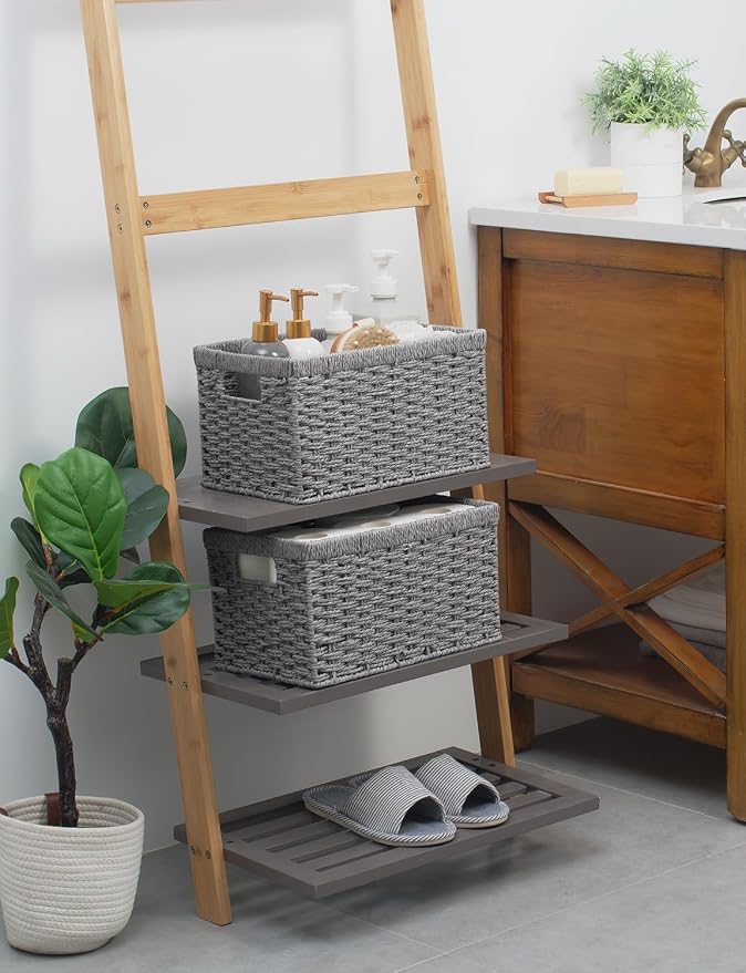 StorageWorks Wicker Storage Baskets, Gray Baskets for Storage, 2-Pack | Paper Rope Wicker Storage Baskets for Shelves, Rectangular Wicker Baskets with Handles, Handwoven Grey Baskets, Woven Baskets