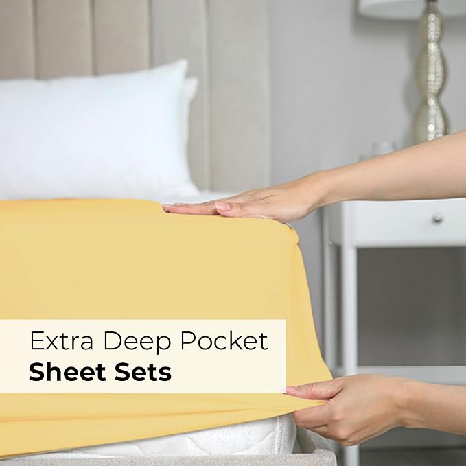 Extra Deep King Sheet Set - 4 Piece Breathable & Cooling Sheets - Yellow | Easily Fits 18 to 24 inch Mattress - Ultra Soft, Wrinkle & Fade Free with Extra Deep Pockets - Comfy Hotel Luxury Bedding