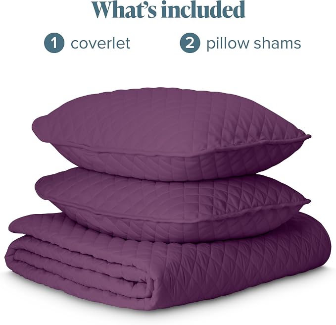 Bare Home Coverlet Set - Full/Queen - Lightweight Bed Decor - Comforter Alternative - All-Season Quilted Bedspread (Full/Queen, Plum)