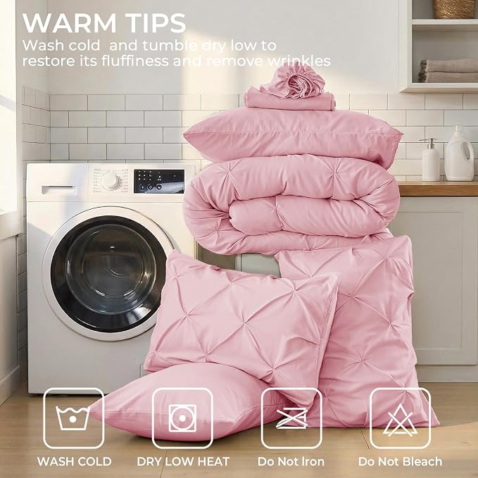 Sasttie Oversized King Comforter Set, 7-Piece Bed in a Bag, Pintuck Bedding Sets for All Season, Includes Comforter, Flat Sheet, Fitted Sheet, Pillowcases and Pillowshams, Baby Pink