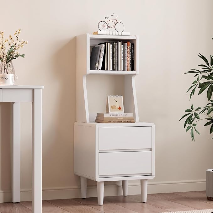 Solid Wood Bookshelf Nightstand Combo, Tall Nightstand with Bookshelf | White Nightstand Bookshelf,Solid Wood Nightstand with Drawers,Open Shelf Bookcase,for Bedroom,Living Room,Offices