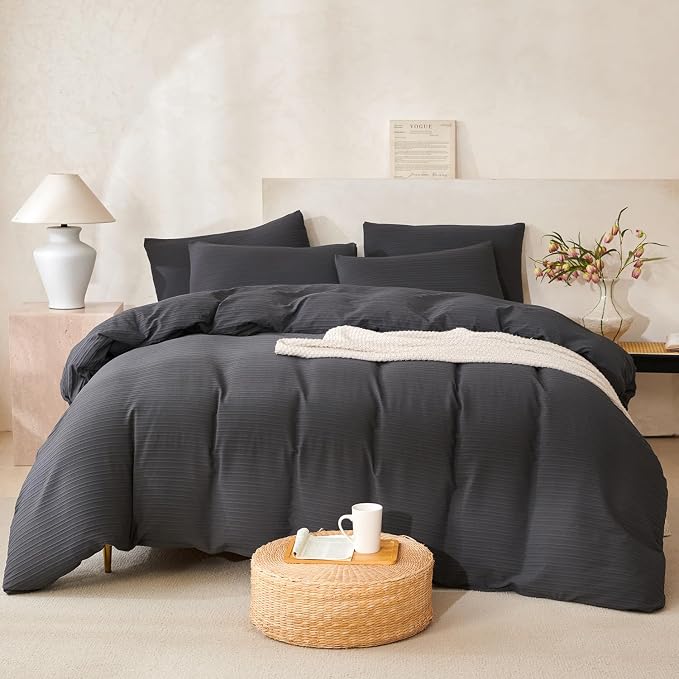 Comforter Set King Dark Grey Soft Luxury Washed Microfiber Jacquard 3 Pieces Bedding, Grey Vertical Ticking Stripes Comforter with 2 Pillowcases Breathable Durable Comfy