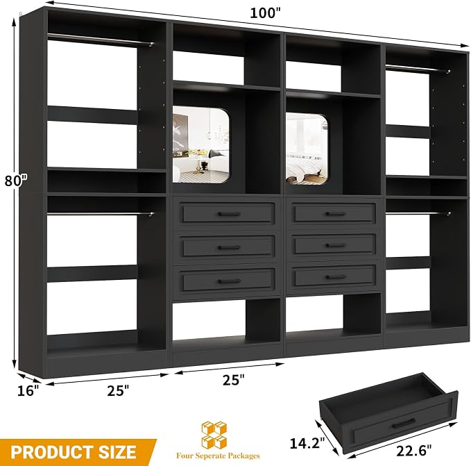 Unikito Closet System, 100" Closet Organizer with Drawers & Mirror, Black | Modular Wooden Walk-in Closet Wardrobe Organizer with Hanging Rods & Adjustable Shelves, Freestanding Garment Rack Tower