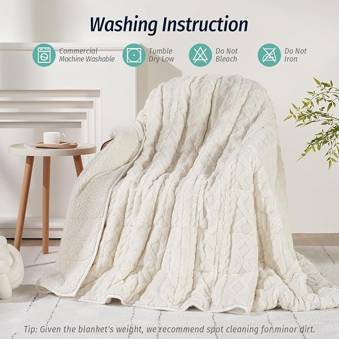 Weighted Blanket for Adults Queen Size 15 lbs 60" x 80" Cream White | Boost Sleep Quality, Relax Body & Mind, Dual Sided Soft Fuzzy Heavy Throw Blankets, Jacquard Knitted, Chunky Warm Fluffy
