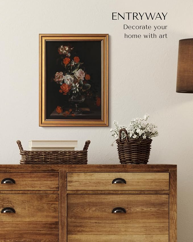 VIYYIEA Vintage Gold Framed Wall Art for Living Room, Flowers Canvas Prints Home Decor, Oil Painting Picture, Bedroom Wall Decor Gifts for Friends or Family -【Cotton Rose】-(16L x 12W)