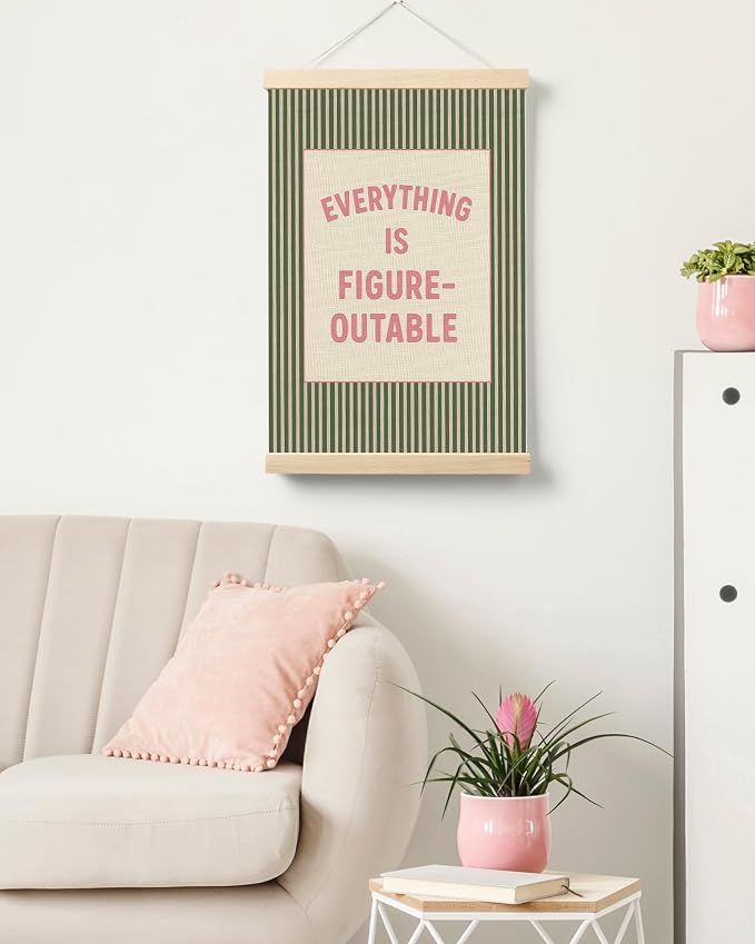 FGFK Positive Affirmations Wall Art Poster Hanger Frame 16x24 Inch | Retro Pink and Green Everything Is Figureoutable Canvas Prints Framed Wall Decor for Office Classroom Home Bedroom