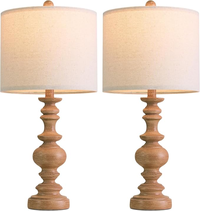 BOBOMOMO 24" Farmhouse Table Lamps Set of 2 – Rustic Light Brown Resin Bedside Lamps with Linen Shades, Medium Size Nightstand Lamps for Bedroom, Living Room, and Entryway, Ideal for Warm, Cozy Spaces