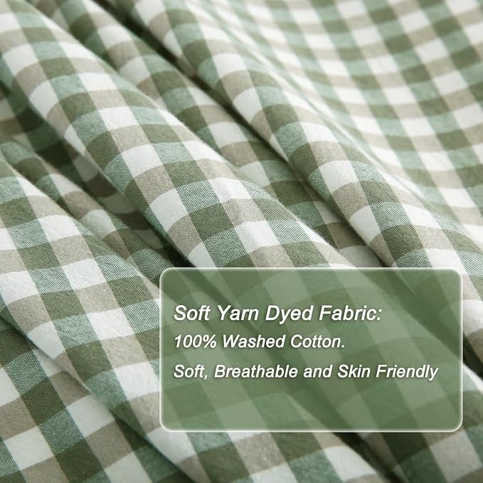 Silnuo Sage Green/White Gingham Plaid Ruffle Duvet Cover King Size | 100% Washed Cotton 3 Pcs Vintage Checkered Chic Farmhouse Bedding Set Comforter Cover Set (King,Sage Green/White)