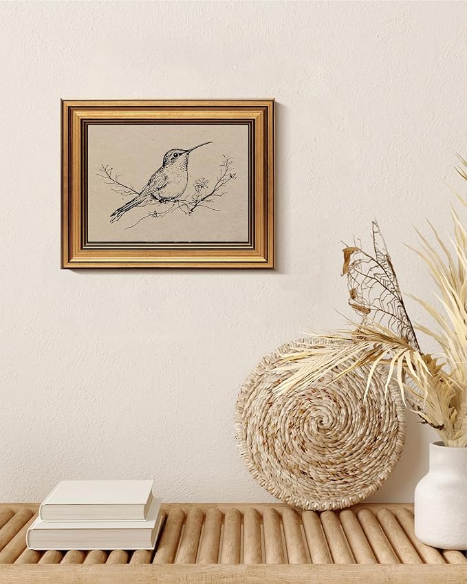 VIYYIEA Vintage Gold Framed Wall Art for Living Room, Hummingbird Canvas Prints Home Decor, Oil Painting Picture, Bedroom Wall Decor Gifts for Friends or Family -【Resting Hummingbird】-(10L x 8W)