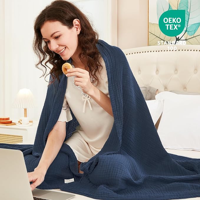 EMME Cotton Muslin Throw Blanket 4 Layer for Adults, Lightweight Breathable Gauze Blanket, Soft All Season Couch Blanket for Couch Bed Travel (Navy, 50"x60")