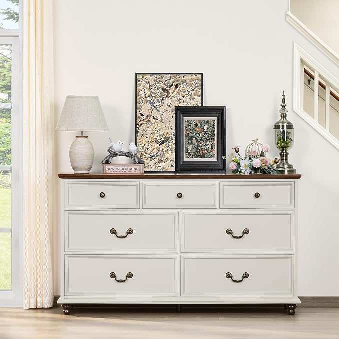 Joaxswe Farmhouse 54" 7 Drawers Dresser for Bedroom, White Wood Chest of Drawers w/ 4 Wooden Legs, Vintage Closet Storage Dressers Organizer for Hallway, Rustic Large TV Stand for Living Room, Foyer