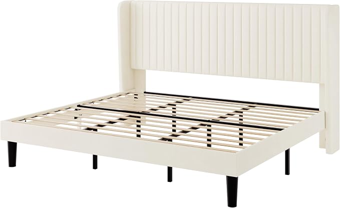 SHA CERLIN King Size Velvet Bed Frame, Tufted Wingback Headboard, Cream | 47'' Modern Vertical Channel Headboard, Upholstered Platform Bed, Wood Slats, No Box Spring Needed, Easy Assembly, Noise Free