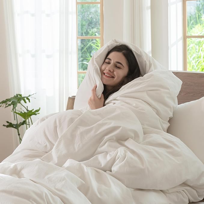 MooMee Duvet Cover Set 100% Washed Cotton Linen Like Oversized King | Relaxed Linen-like Texture. Soft, Breathable & Long-lasting Comfort. Lightweight. Hidden Zipper with 8 Interior Corner Ties