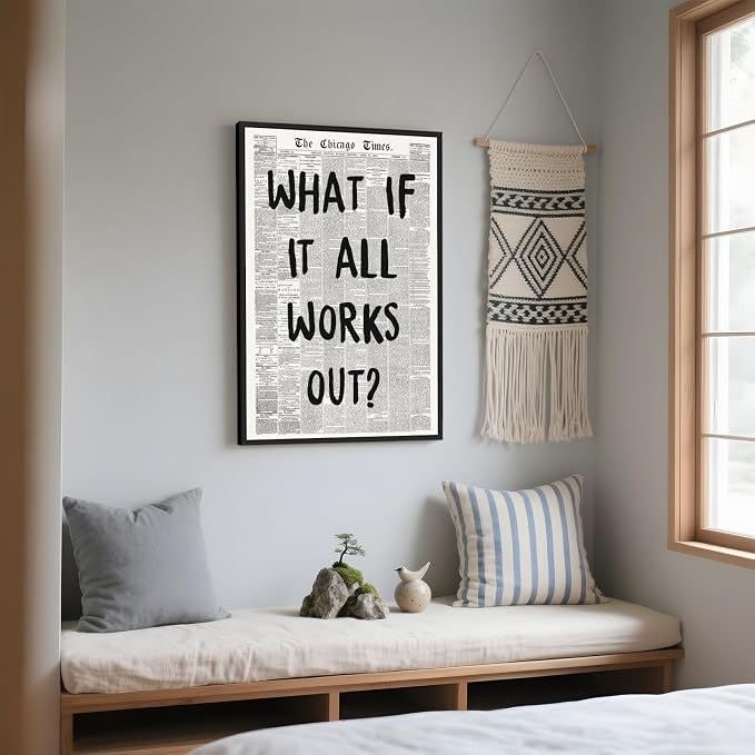 Framed What If It All Works Out Wall Art Black and White Newspaper Poster | Retro Positive Motivational Canvas Print Painting Inspirational Quote Picture Decor for Office Home Bedroom Dorm 16x24inch