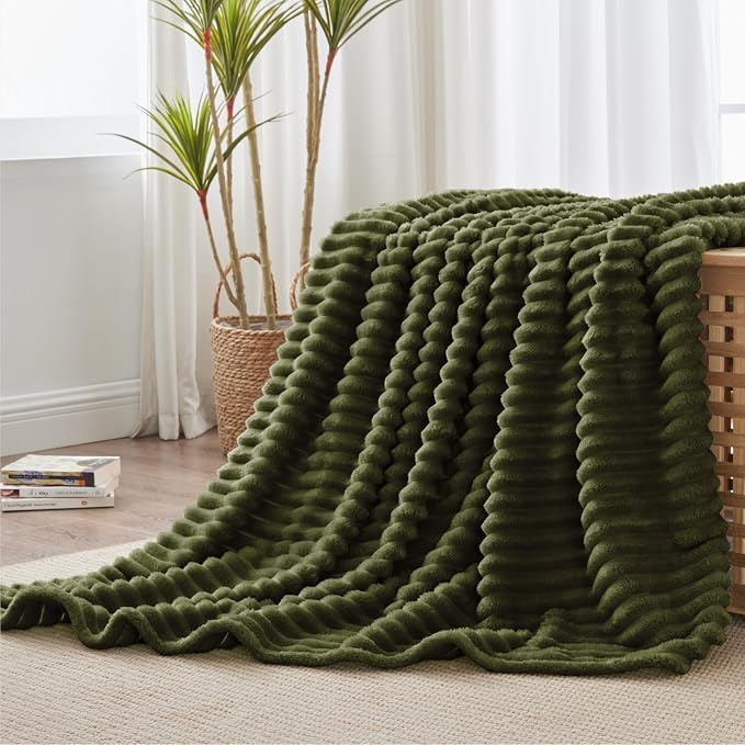 BEDELITE Ribbed Twin Blanket for Couch & Bed, Olive Green, 60"x80" | Ultra-Soft Plush Fleece, Cozy, Warm Yet Lightweight, Ribbed Texture, Home Decor, Machine Washable, Giftable, All-Season Use