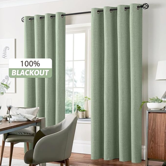 Yakamok 96 Inch Light Sage Green Linen Texture Curtains for Living Room | 100% Blackout Curtains,Room Darkening Curtains,Thermal Grommet Bedroom Curtain 2 Panels with Greyish White Liner,52W x 96L