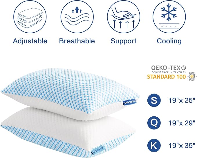 EASELAND Cooling Standard Size Firm Pillows, Shredded Memory Foam Set of 2 | Adjustable Fill with Removable Cover for Hot Sleepers, Cool Bed Support Pillow for Side Back Stomach Sleepers